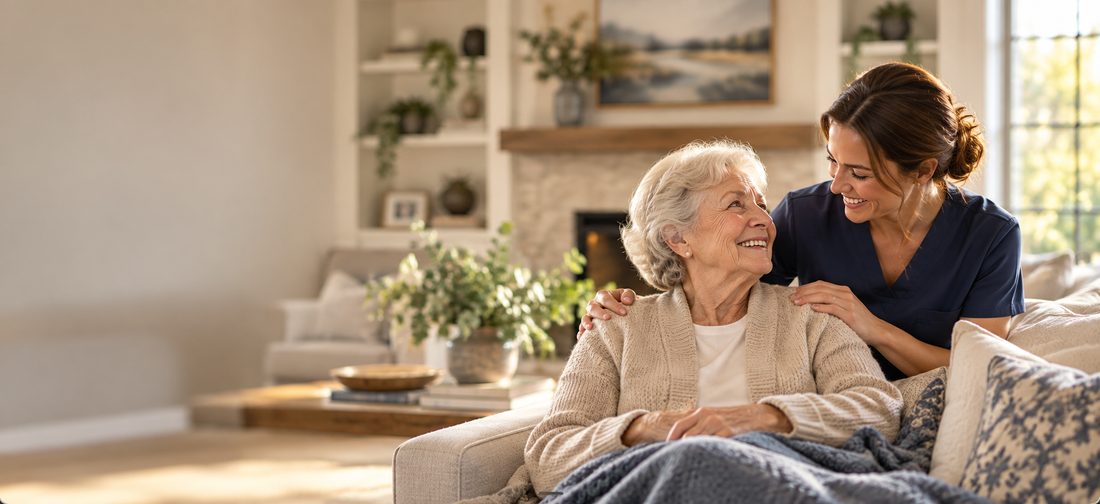 Illustrative image of a caregiver and an older woman smiling together in a sunlit living room