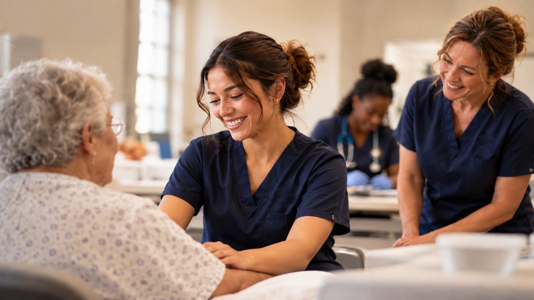 Illustrative image of nursing assistants in navy scrubs checking an older woman's blood pressure in a bright training room