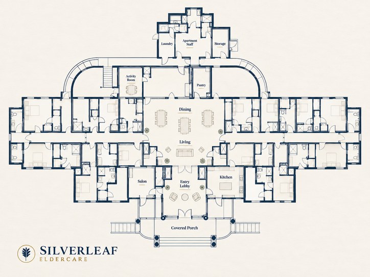 Illustrated floor plan of Bee Cave assisted living: two wings of private apartments around shared dining and living space