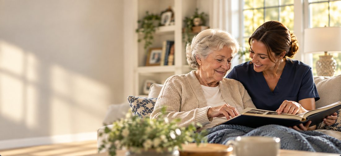 Illustrative image of a caregiver and an older woman looking through a photo album on a sofa