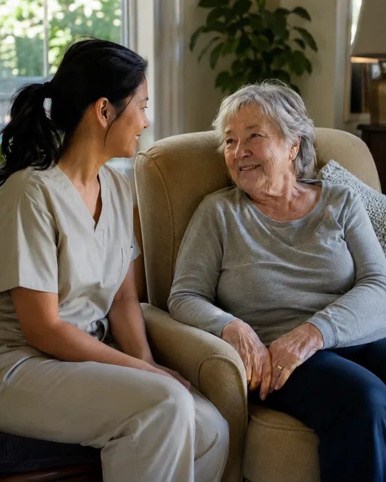 Caregiver and older adult talking together, illustrative image