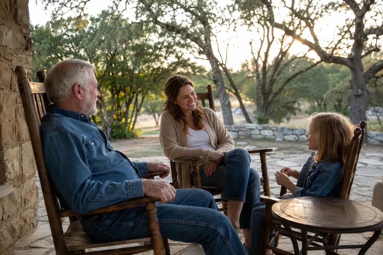 Family visiting with an older adult on a porch, illustrative image
