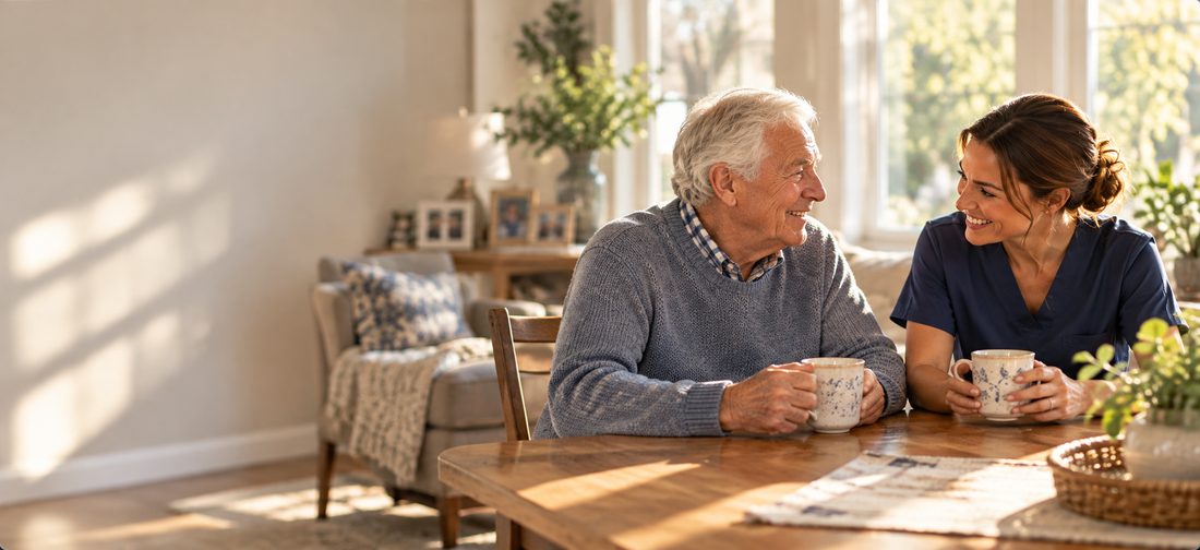 Illustrative image of a caregiver sharing coffee with an older man at a sunlit kitchen table