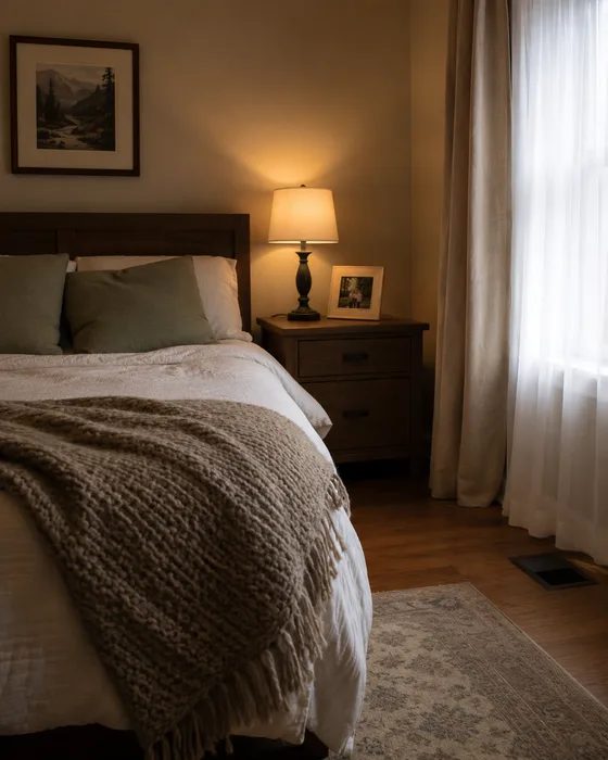 Calm bedroom interior concept, illustrative image, not the Burnet residence