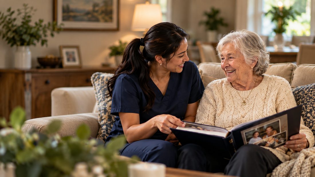 Illustrative image of a caregiver looking through a photo album with an older woman on a sofa
