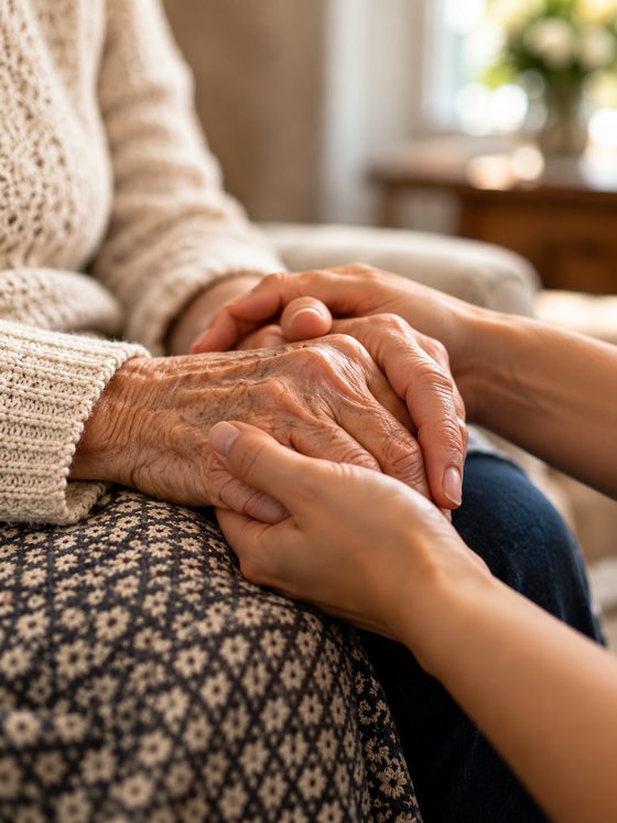 Illustrative close up of a caregiver's hand resting over an older person's hands