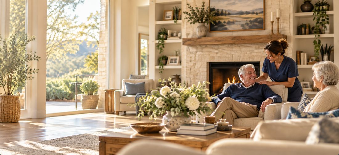 Illustrative image of a caregiver chatting with older adults by a fireplace in a bright living room