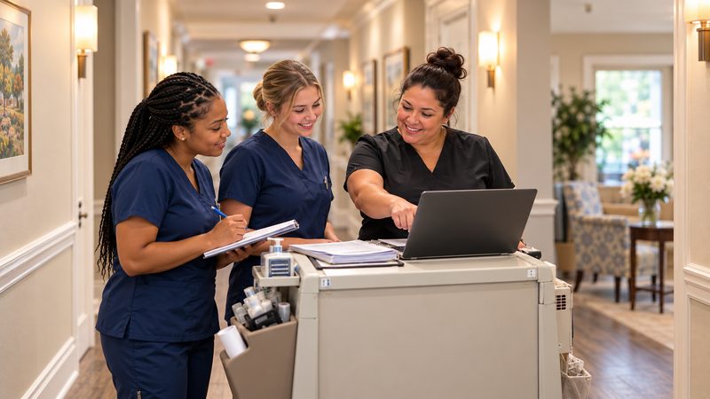 Nursing assistants in scrubs reviewing notes at a medication cart, illustrative image