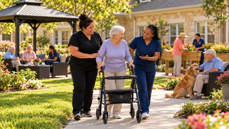 Caregivers walking outdoors with a resident using a rolling walker, illustrative image