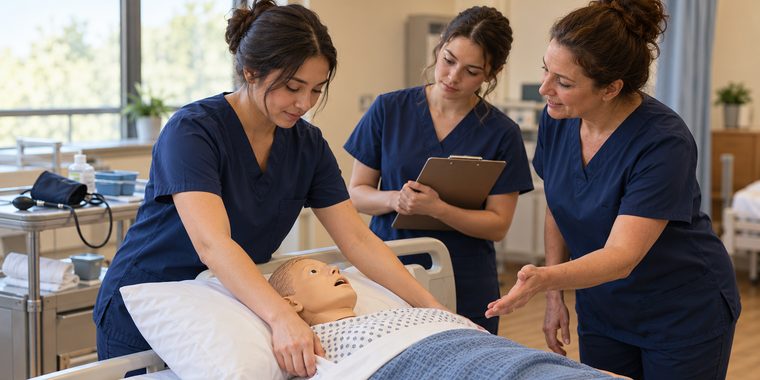 Nursing assistant students practicing bedside care on a training manikin while an instructor guides them, illustrative image