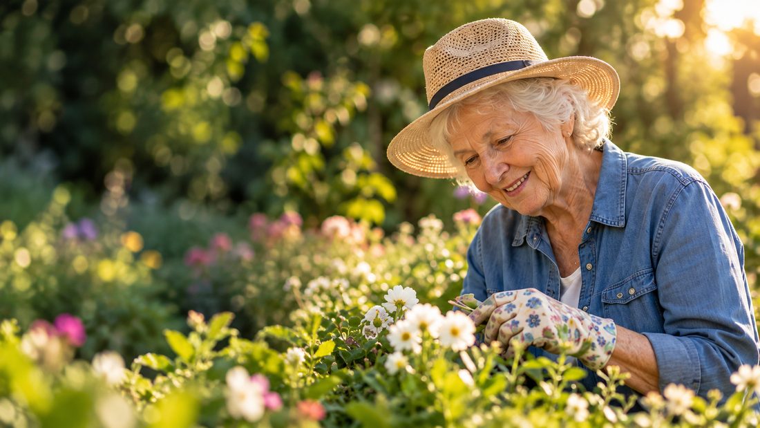 Illustrative image of an older woman in a sun hat tending flowers in a garden